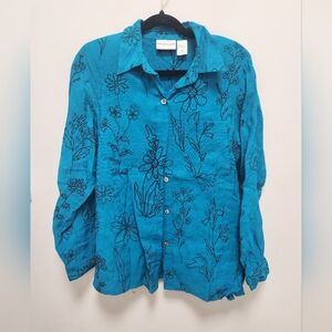 Alfred Dunner Floral Button-Down Blouse – Size 12 – Blue Sketch Floral